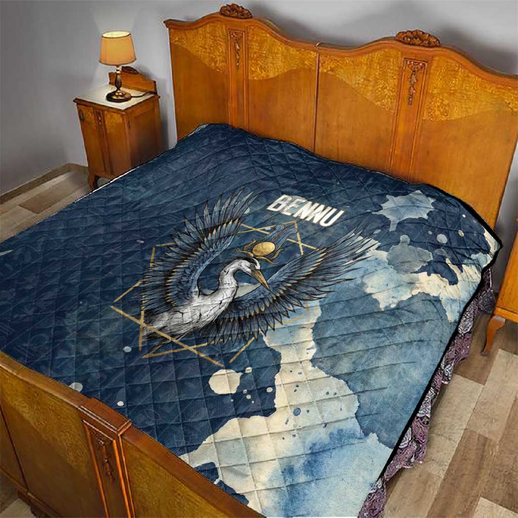 Bennu Ancient Egyptian Quilt with Deep Blue Ink Wash, Winged Bennu Bird and Soul of Ra - Wonder Print Shop