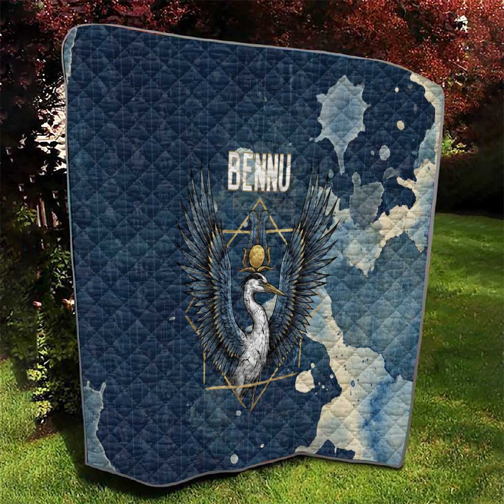 Bennu Ancient Egyptian Quilt with Deep Blue Ink Wash, Winged Bennu Bird and Soul of Ra - Wonder Print Shop