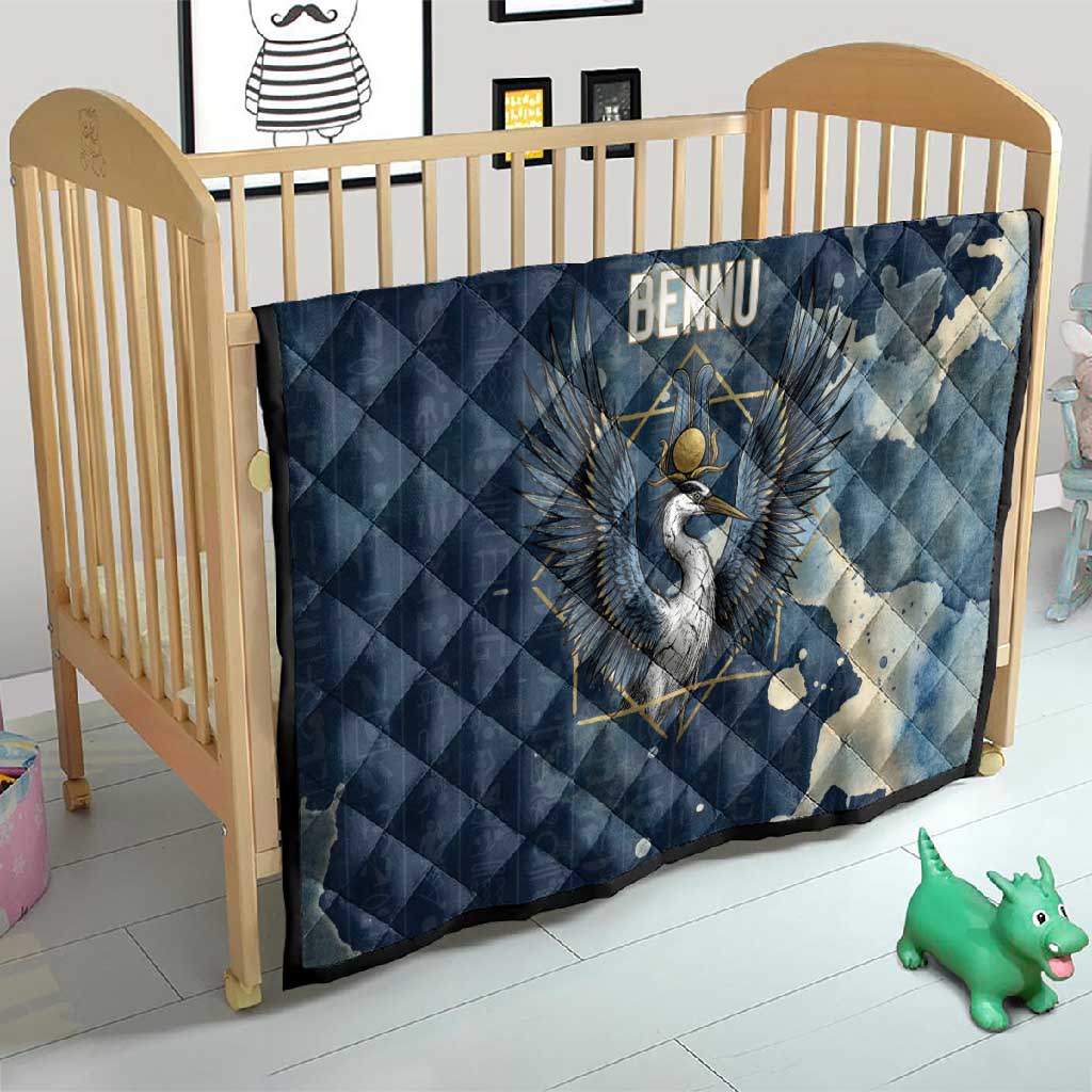 Bennu Ancient Egyptian Quilt with Deep Blue Ink Wash, Winged Bennu Bird and Soul of Ra - Wonder Print Shop