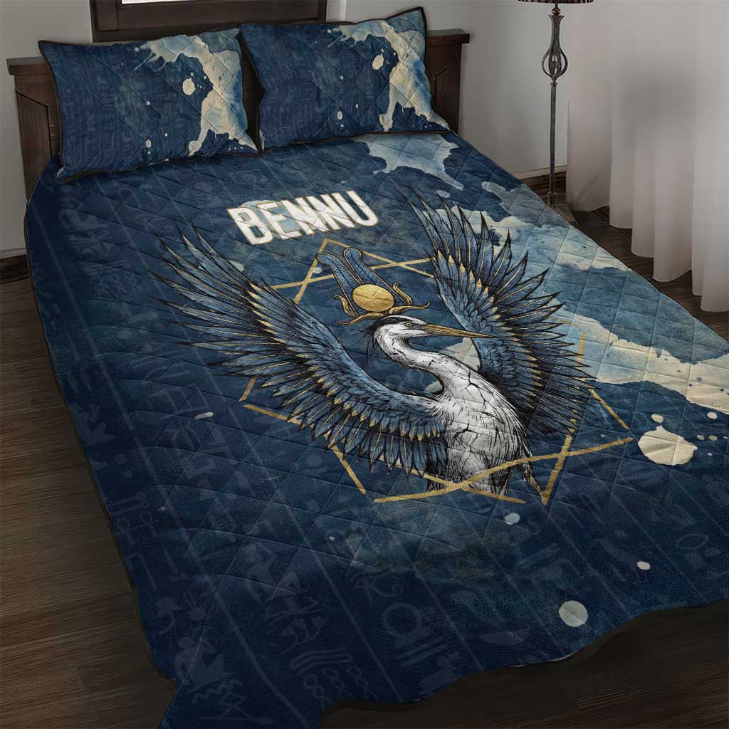 Bennu Ancient Egyptian Quilt Bed Set with Deep Blue Ink Wash, Winged Bennu Bird and Soul of Ra - Wonder Print Shop