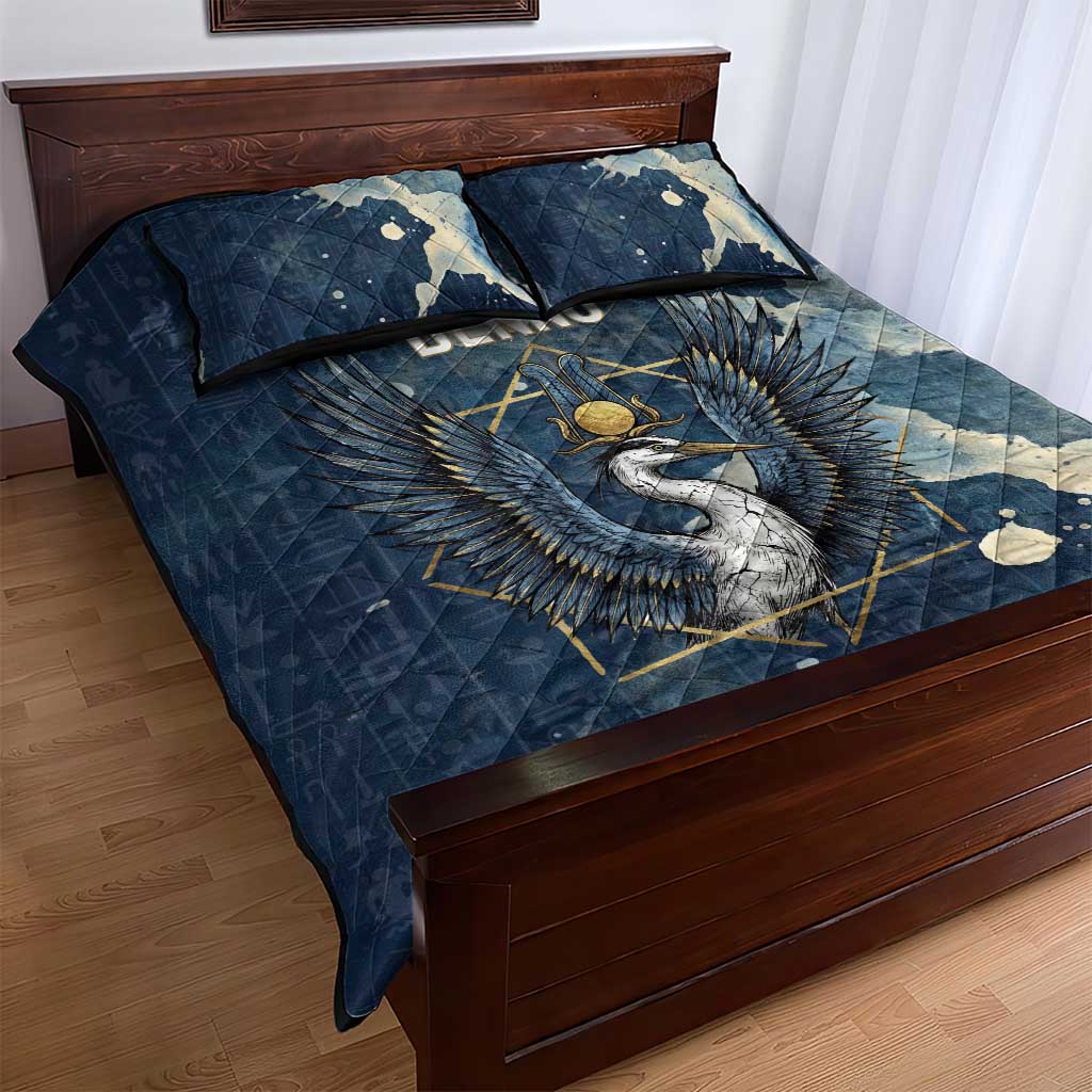 Bennu Ancient Egyptian Quilt Bed Set with Deep Blue Ink Wash, Winged Bennu Bird and Soul of Ra - Wonder Print Shop