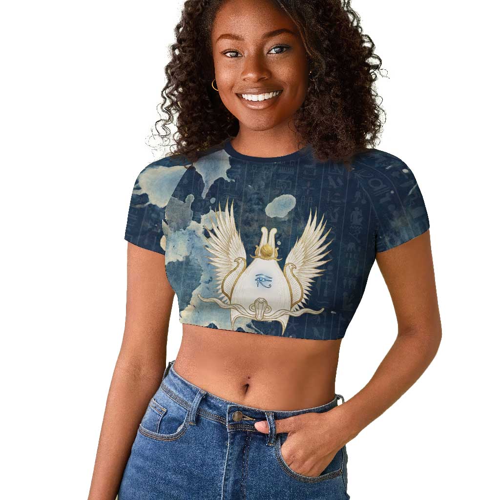 Bennu Ancient Egyptian Raglan Cropped T shirt with Deep Blue Ink Wash, Winged Bennu Bird and Soul of Ra - Wonder Print Shop