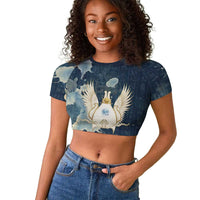 Bennu Ancient Egyptian Raglan Cropped T shirt with Deep Blue Ink Wash, Winged Bennu Bird and Soul of Ra - Wonder Print Shop