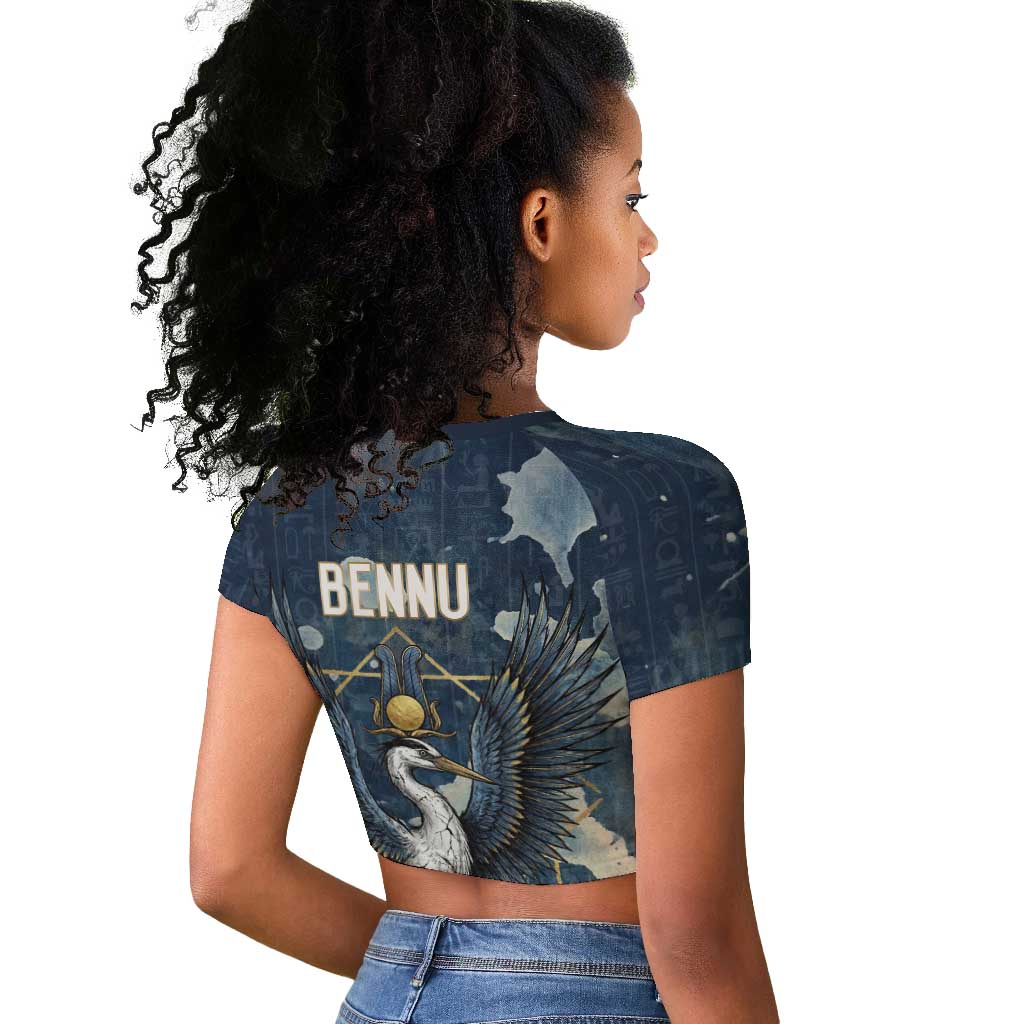 Bennu Ancient Egyptian Raglan Cropped T shirt with Deep Blue Ink Wash, Winged Bennu Bird and Soul of Ra - Wonder Print Shop
