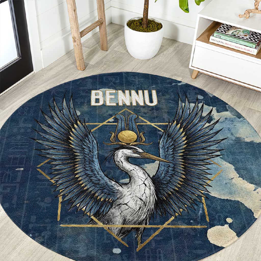 Bennu Ancient Egyptian Round Carpet with Deep Blue Ink Wash, Winged Bennu Bird and Soul of Ra - Wonder Print Shop