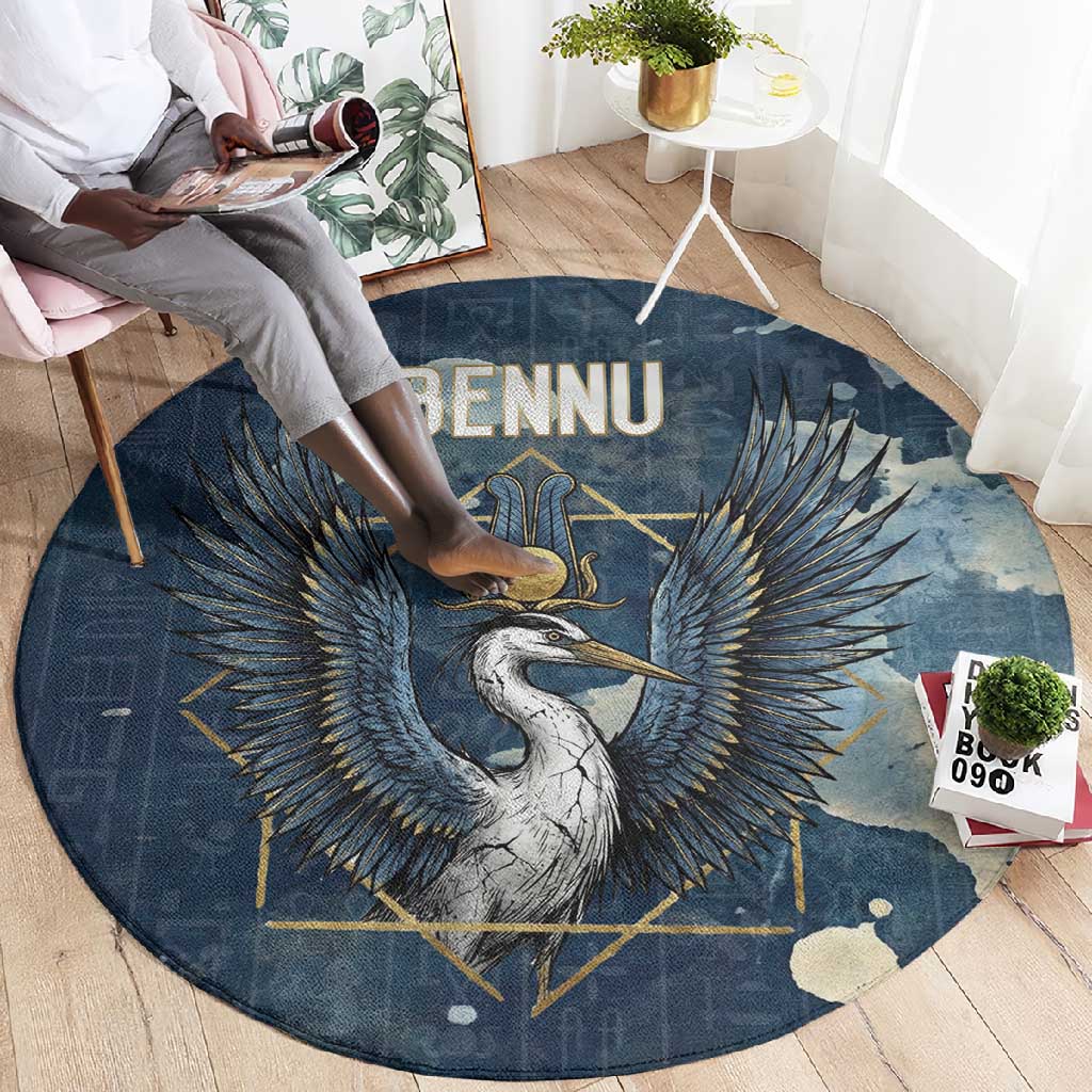 Bennu Ancient Egyptian Round Carpet with Deep Blue Ink Wash, Winged Bennu Bird and Soul of Ra - Wonder Print Shop