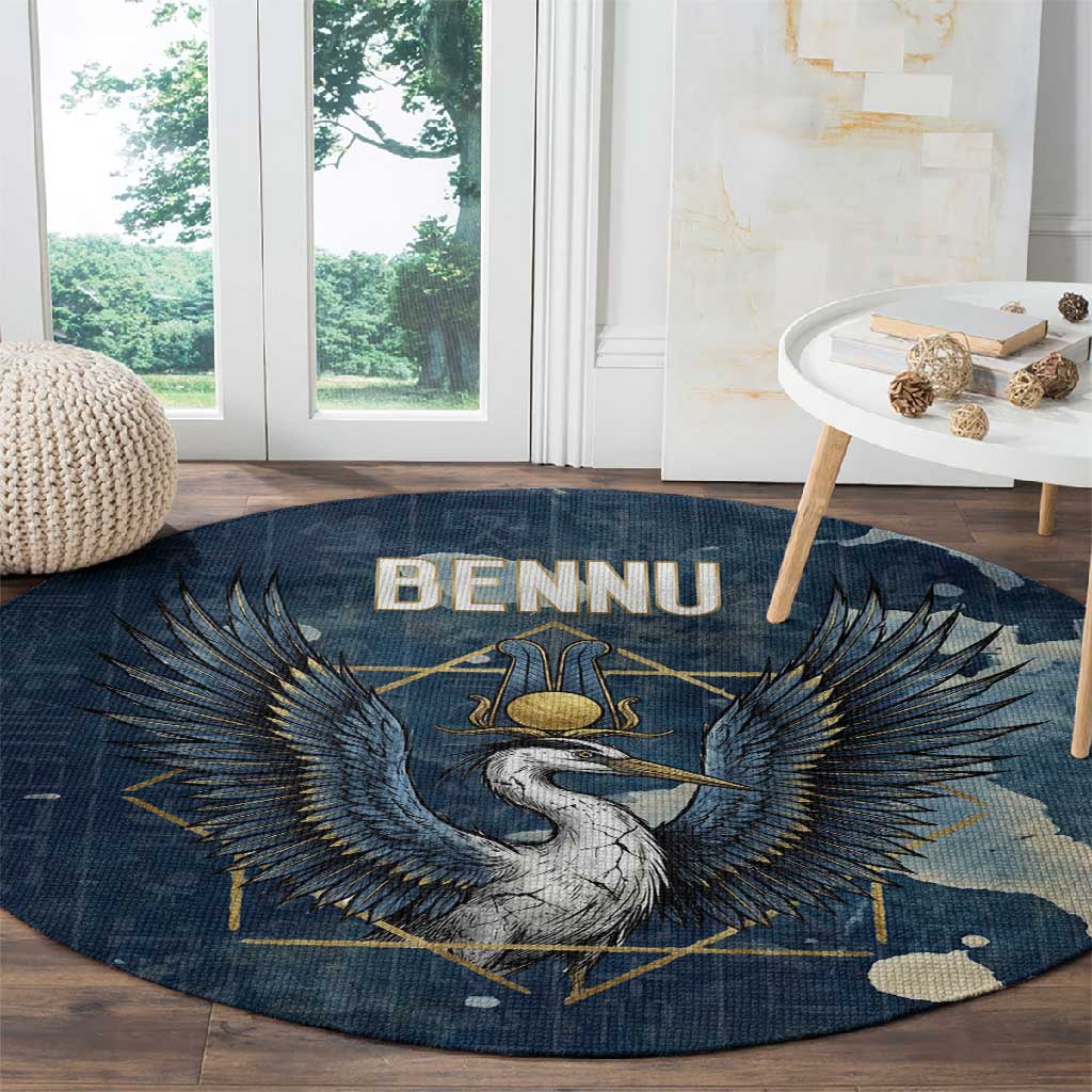 Bennu Ancient Egyptian Round Carpet with Deep Blue Ink Wash, Winged Bennu Bird and Soul of Ra - Wonder Print Shop