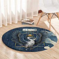 Bennu Ancient Egyptian Round Carpet with Deep Blue Ink Wash, Winged Bennu Bird and Soul of Ra - Wonder Print Shop