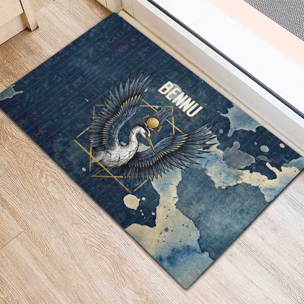 Bennu Ancient Egyptian Rubber Doormat with Deep Blue Ink Wash, Winged Bennu Bird and Soul of Ra - Wonder Print Shop