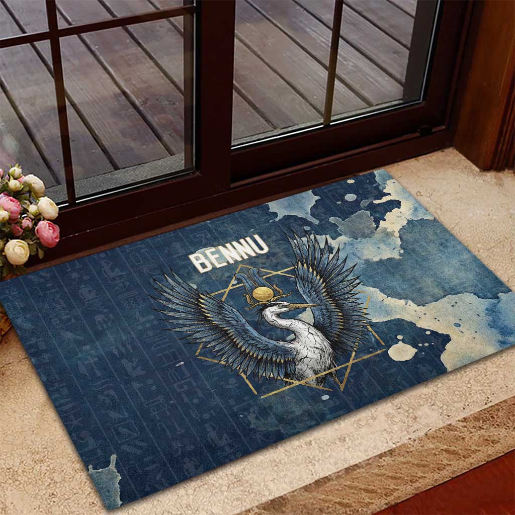Bennu Ancient Egyptian Rubber Doormat with Deep Blue Ink Wash, Winged Bennu Bird and Soul of Ra - Wonder Print Shop