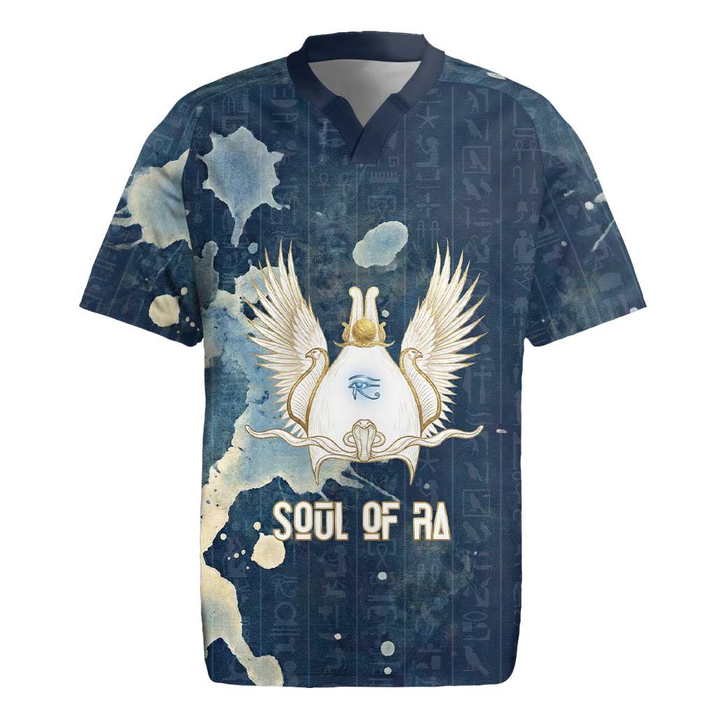 Bennu Ancient Egyptian Rugby Jersey with Deep Blue Ink Wash, Winged Bennu Bird and Soul of Ra - Wonder Print Shop