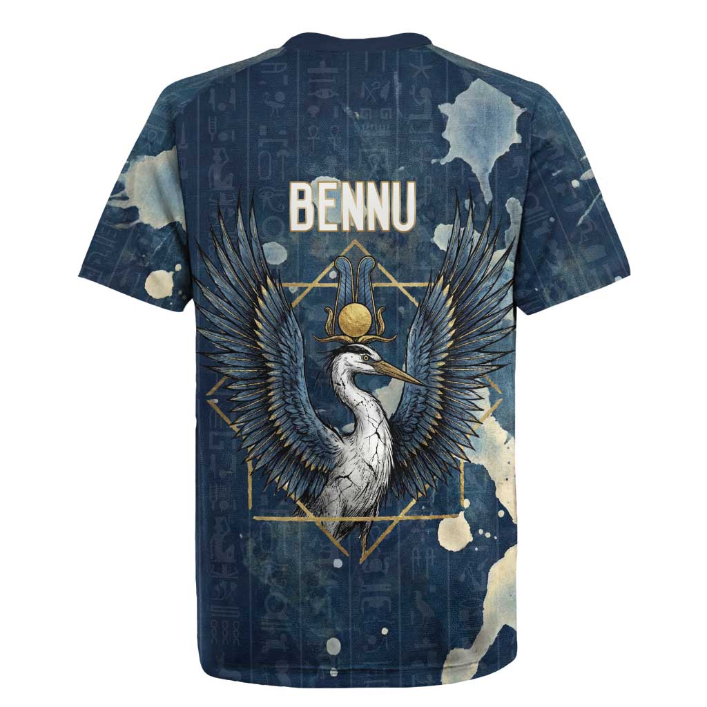 Bennu Ancient Egyptian Rugby Jersey with Deep Blue Ink Wash, Winged Bennu Bird and Soul of Ra - Wonder Print Shop