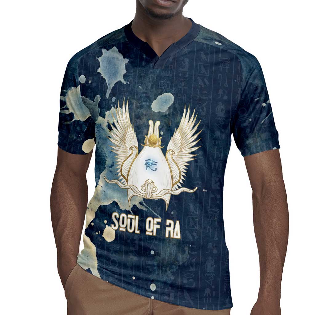 Bennu Ancient Egyptian Rugby Jersey with Deep Blue Ink Wash, Winged Bennu Bird and Soul of Ra - Wonder Print Shop