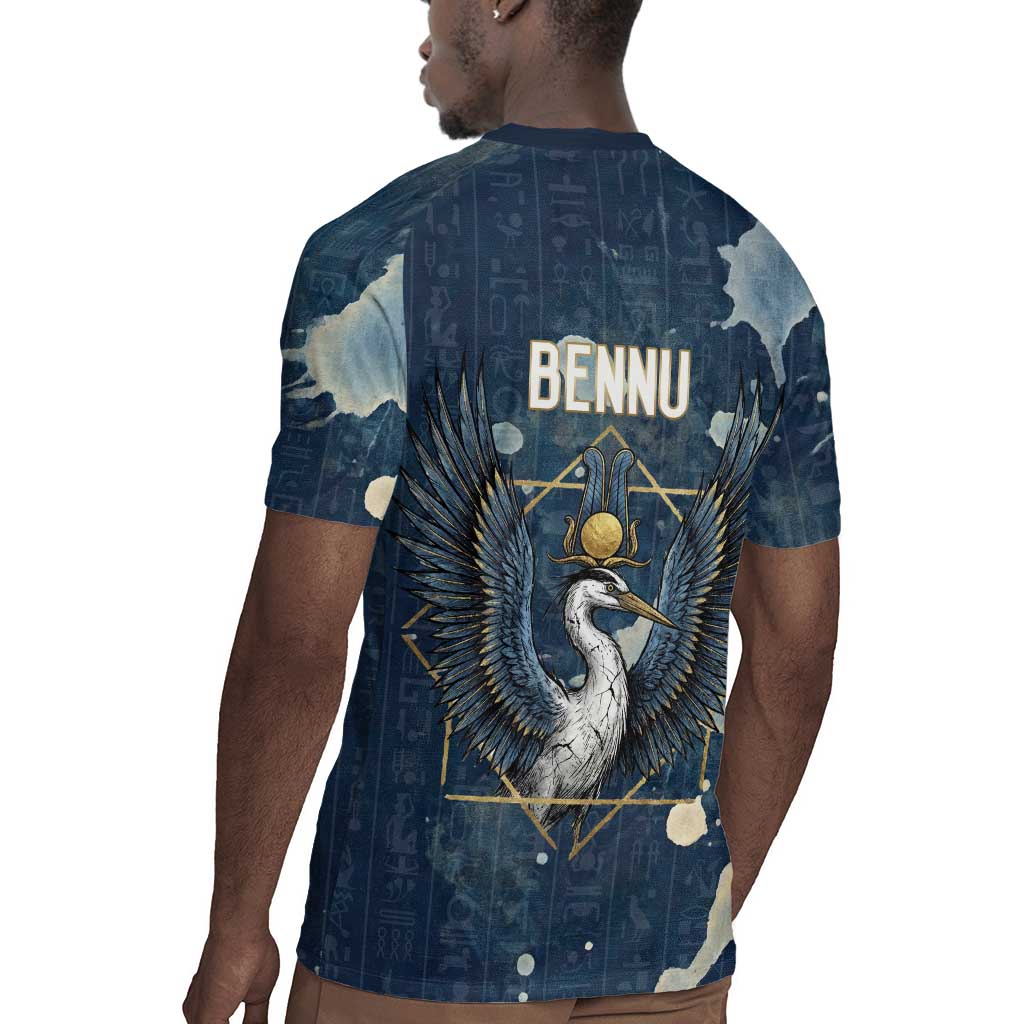 Bennu Ancient Egyptian Rugby Jersey with Deep Blue Ink Wash, Winged Bennu Bird and Soul of Ra - Wonder Print Shop