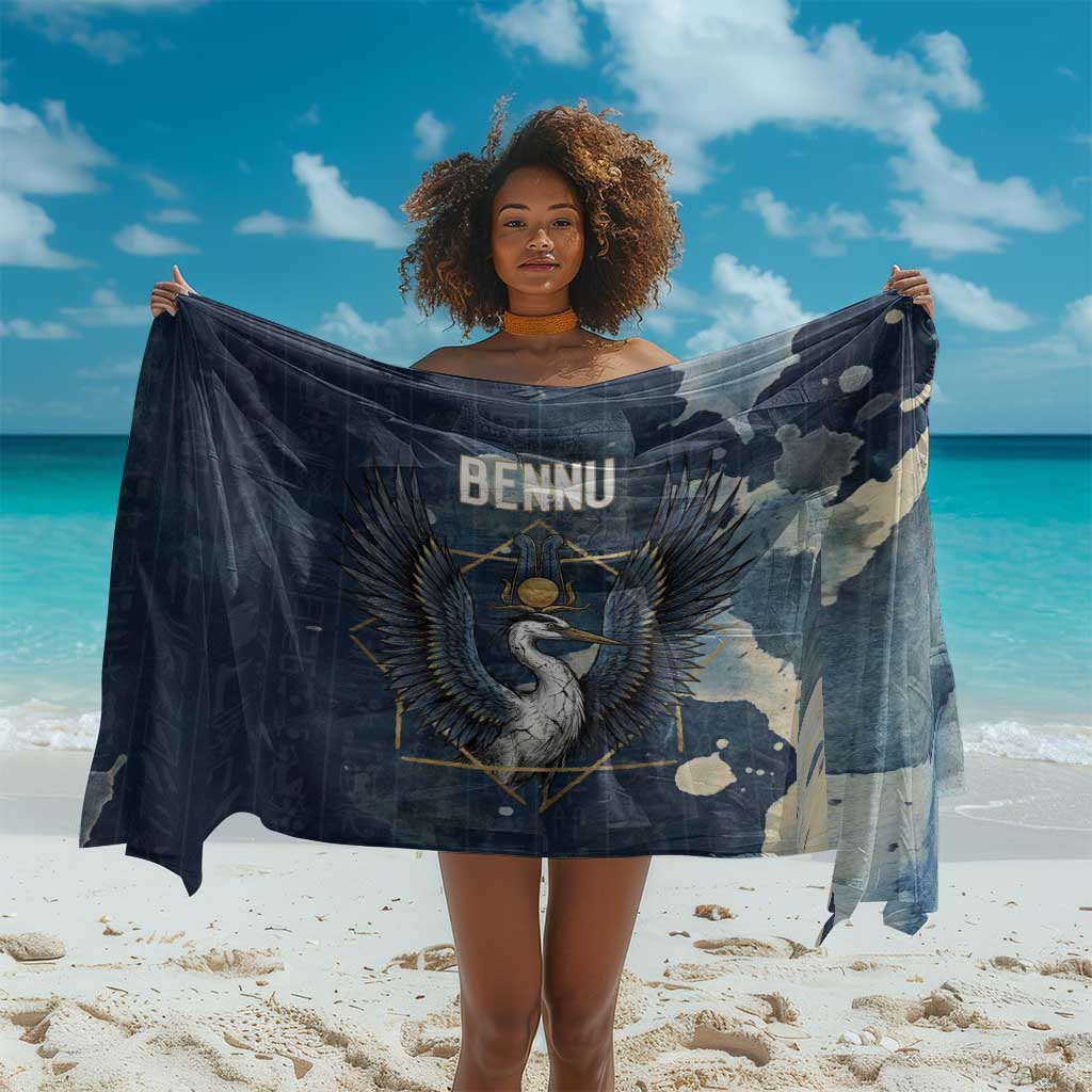 Bennu Ancient Egyptian Sarong with Deep Blue Ink Wash, Winged Bennu Bird and Soul of Ra - Wonder Print Shop