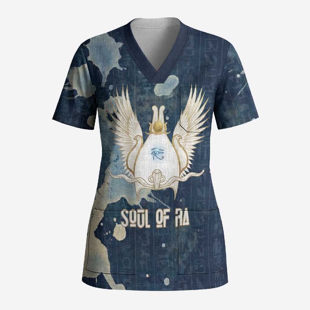Bennu Ancient Egyptian Scrub Top with Deep Blue Ink Wash, Winged Bennu Bird and Soul of Ra - Wonder Print Shop