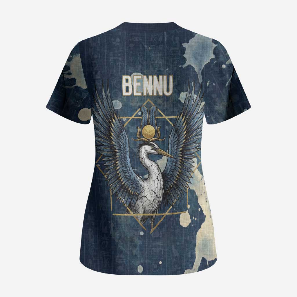 Bennu Ancient Egyptian Scrub Top with Deep Blue Ink Wash, Winged Bennu Bird and Soul of Ra - Wonder Print Shop