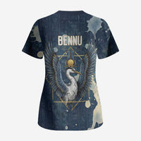 Bennu Ancient Egyptian Scrub Top with Deep Blue Ink Wash, Winged Bennu Bird and Soul of Ra - Wonder Print Shop