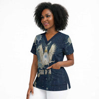 Bennu Ancient Egyptian Scrub Top with Deep Blue Ink Wash, Winged Bennu Bird and Soul of Ra - Wonder Print Shop