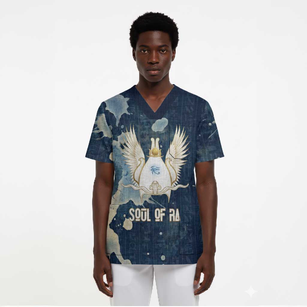 Bennu Ancient Egyptian Scrub Top with Deep Blue Ink Wash, Winged Bennu Bird and Soul of Ra - Wonder Print Shop