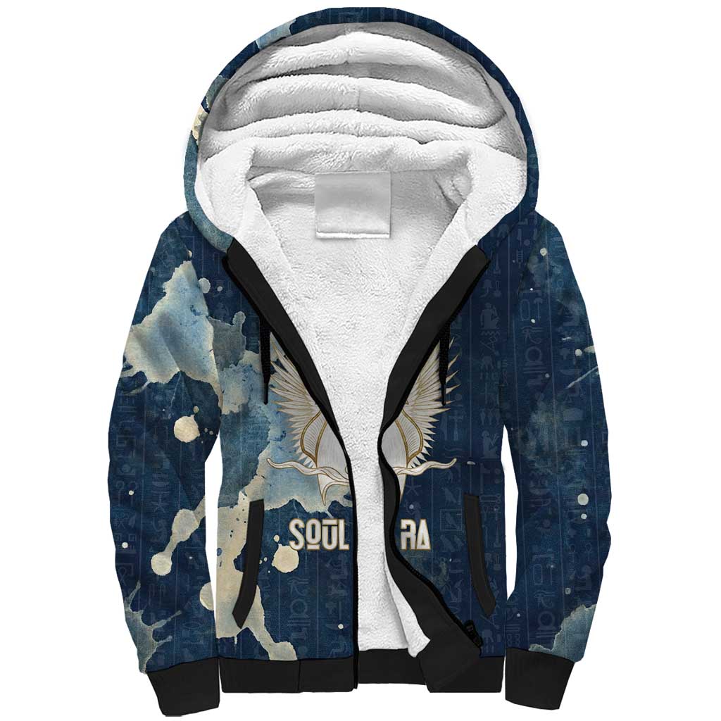 Bennu Ancient Egyptian Sherpa Hoodie with Deep Blue Ink Wash, Winged Bennu Bird and Soul of Ra - Wonder Print Shop