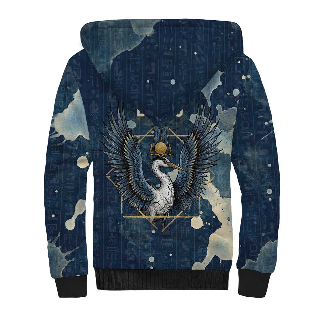 Bennu Ancient Egyptian Sherpa Hoodie with Deep Blue Ink Wash, Winged Bennu Bird and Soul of Ra - Wonder Print Shop