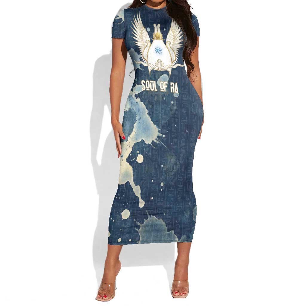 Bennu Ancient Egyptian Short Sleeve Bodycon Dress with Deep Blue Ink Wash, Winged Bennu Bird and Soul of Ra - Wonder Print Shop
