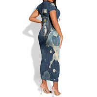 Bennu Ancient Egyptian Short Sleeve Bodycon Dress with Deep Blue Ink Wash, Winged Bennu Bird and Soul of Ra - Wonder Print Shop
