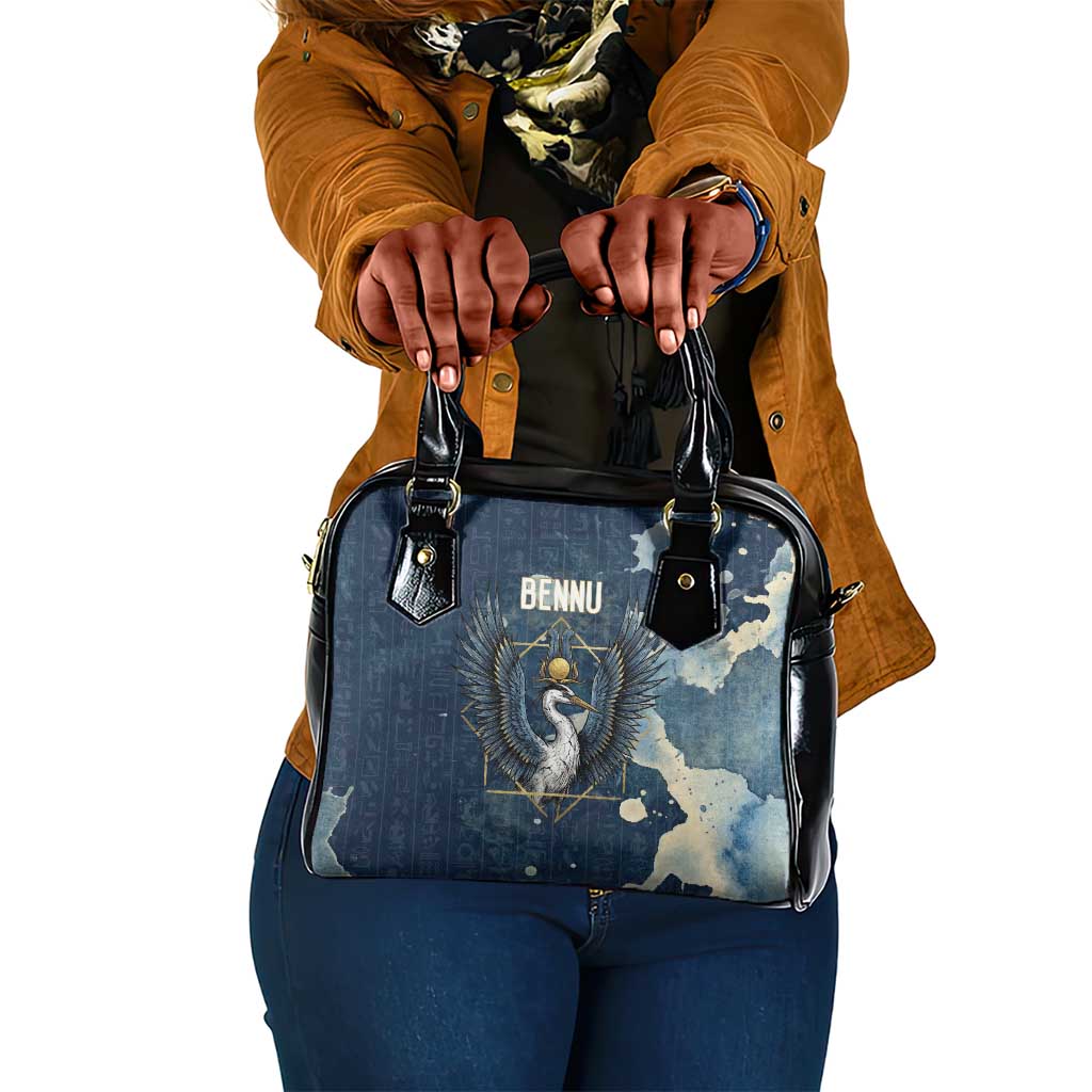 Bennu Ancient Egyptian Shoulder Handbag with Deep Blue Ink Wash, Winged Bennu Bird and Soul of Ra - Wonder Print Shop