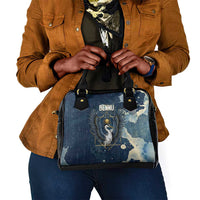 Bennu Ancient Egyptian Shoulder Handbag with Deep Blue Ink Wash, Winged Bennu Bird and Soul of Ra - Wonder Print Shop