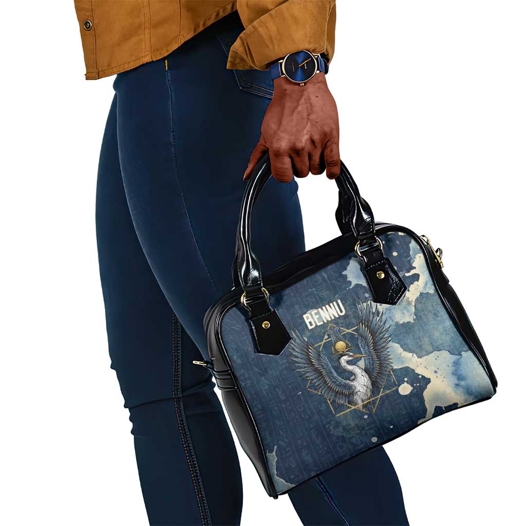 Bennu Ancient Egyptian Shoulder Handbag with Deep Blue Ink Wash, Winged Bennu Bird and Soul of Ra - Wonder Print Shop