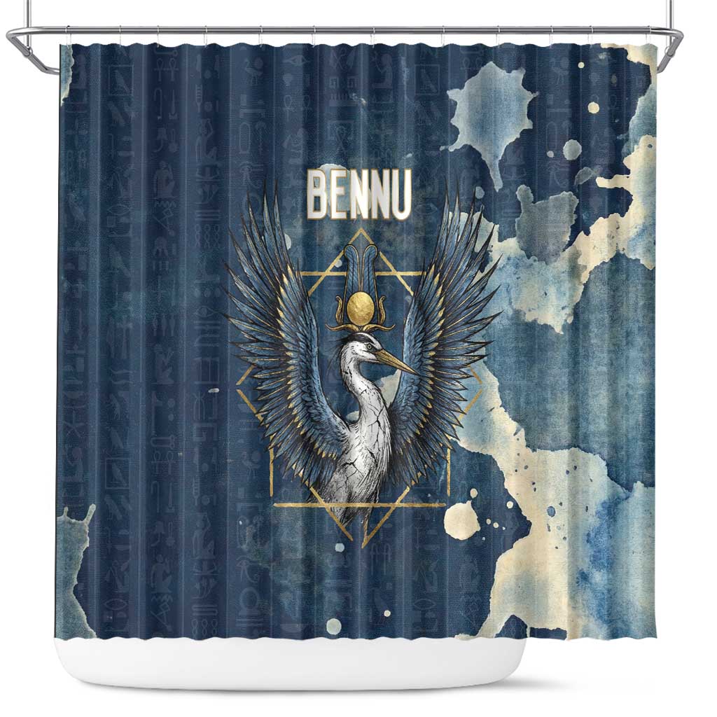 Bennu Ancient Egyptian Shower Curtain with Deep Blue Ink Wash, Winged Bennu Bird and Soul of Ra - Wonder Print Shop