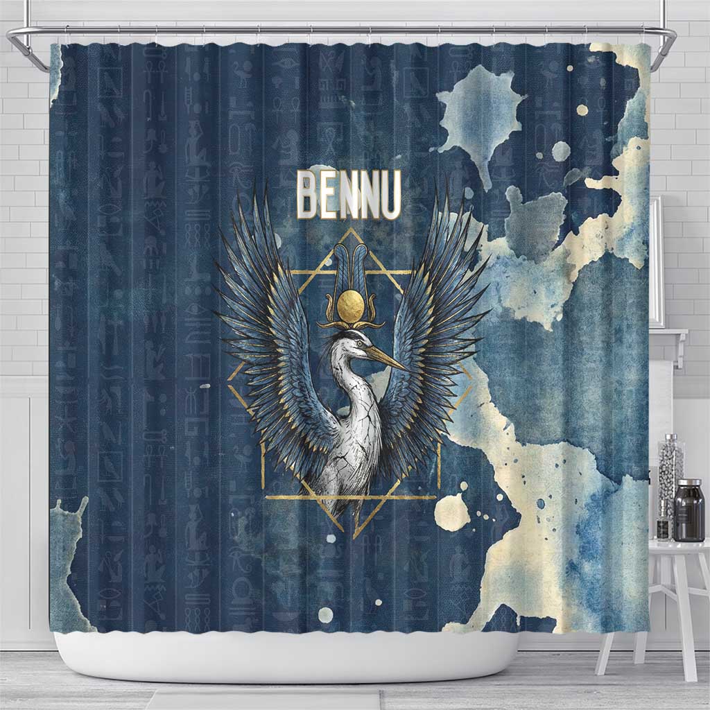 Bennu Ancient Egyptian Shower Curtain with Deep Blue Ink Wash, Winged Bennu Bird and Soul of Ra - Wonder Print Shop
