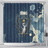 Bennu Ancient Egyptian Shower Curtain with Deep Blue Ink Wash, Winged Bennu Bird and Soul of Ra - Wonder Print Shop