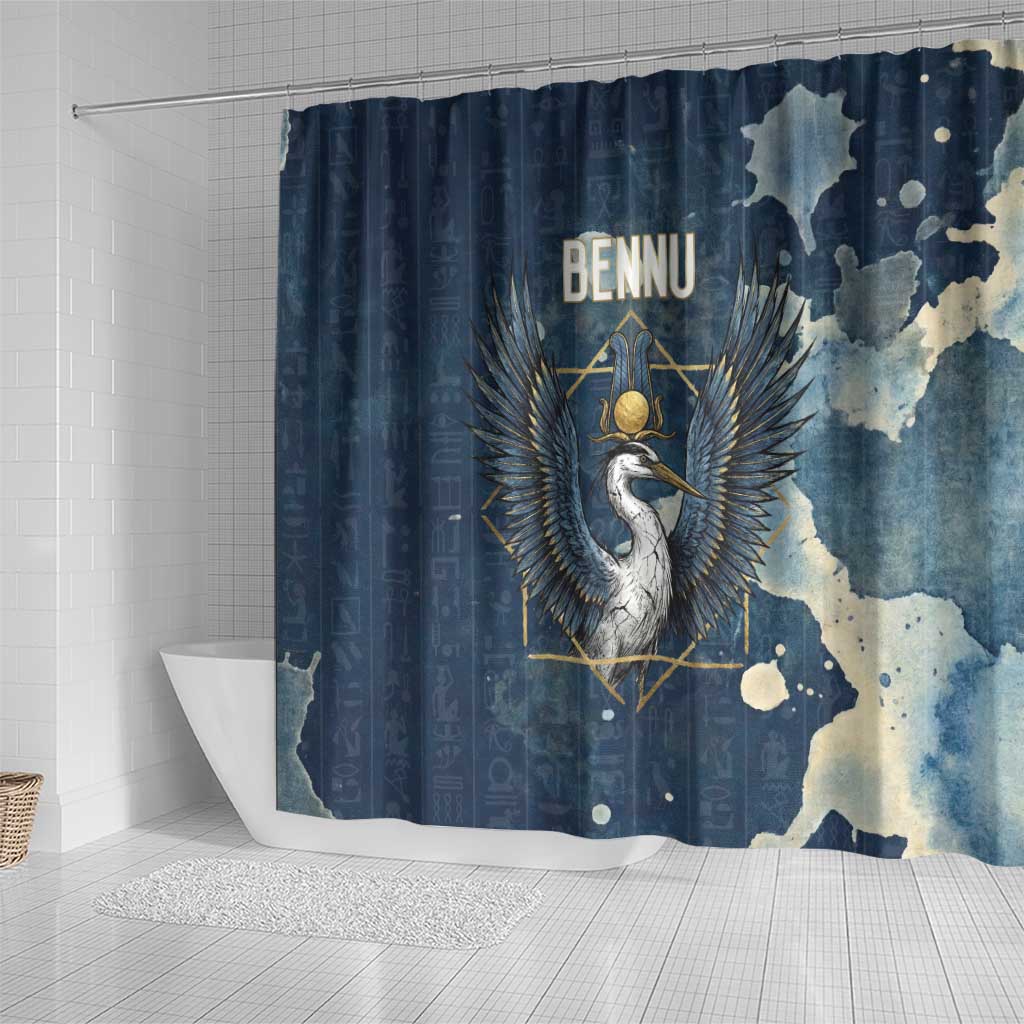 Bennu Ancient Egyptian Shower Curtain with Deep Blue Ink Wash, Winged Bennu Bird and Soul of Ra - Wonder Print Shop