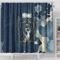 Bennu Ancient Egyptian Shower Curtain with Deep Blue Ink Wash, Winged Bennu Bird and Soul of Ra - Wonder Print Shop