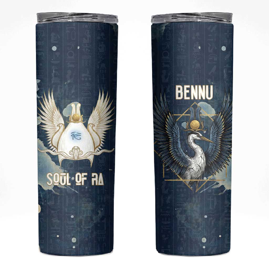 Bennu Ancient Egyptian Skinny Tumbler with Deep Blue Ink Wash, Winged Bennu Bird and Soul of Ra - Wonder Print Shop