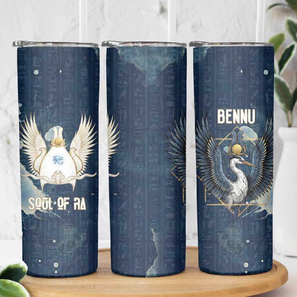 Bennu Ancient Egyptian Skinny Tumbler with Deep Blue Ink Wash, Winged Bennu Bird and Soul of Ra - Wonder Print Shop