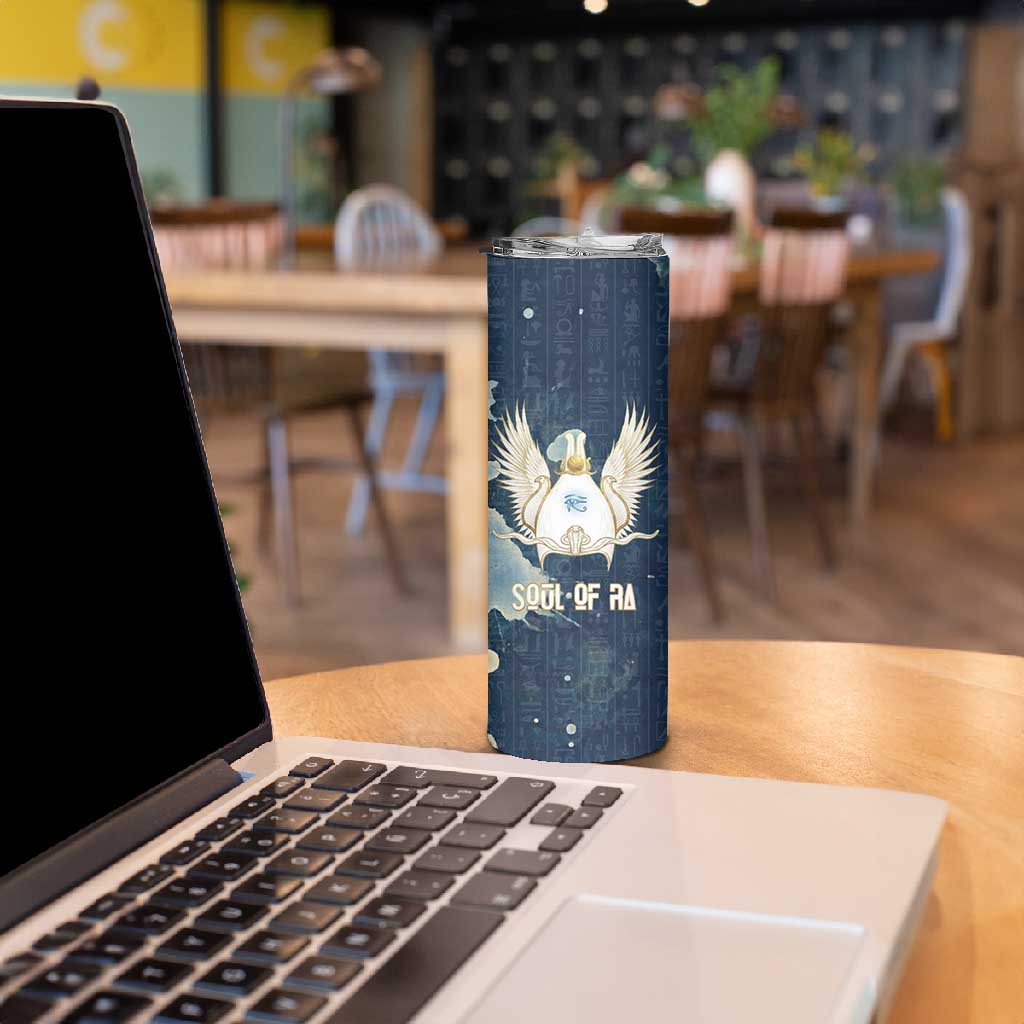 Bennu Ancient Egyptian Skinny Tumbler with Deep Blue Ink Wash, Winged Bennu Bird and Soul of Ra - Wonder Print Shop