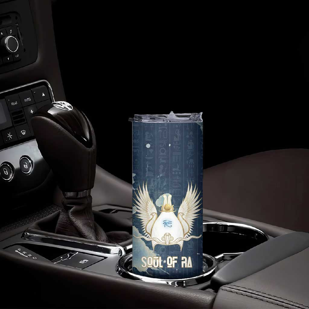 Bennu Ancient Egyptian Skinny Tumbler with Deep Blue Ink Wash, Winged Bennu Bird and Soul of Ra - Wonder Print Shop