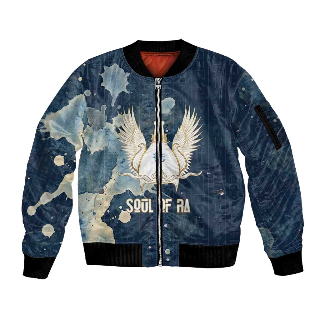 Bennu Ancient Egyptian Sleeve Zip Bomber Jacket with Deep Blue Ink Wash, Winged Bennu Bird and Soul of Ra - Wonder Print Shop