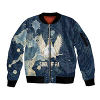 Bennu Ancient Egyptian Sleeve Zip Bomber Jacket with Deep Blue Ink Wash, Winged Bennu Bird and Soul of Ra - Wonder Print Shop