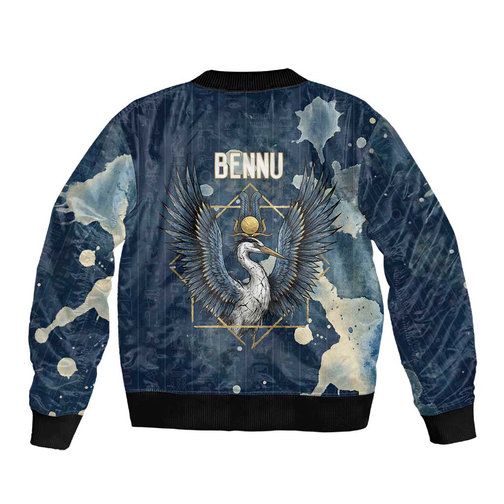 Bennu Ancient Egyptian Sleeve Zip Bomber Jacket with Deep Blue Ink Wash, Winged Bennu Bird and Soul of Ra - Wonder Print Shop