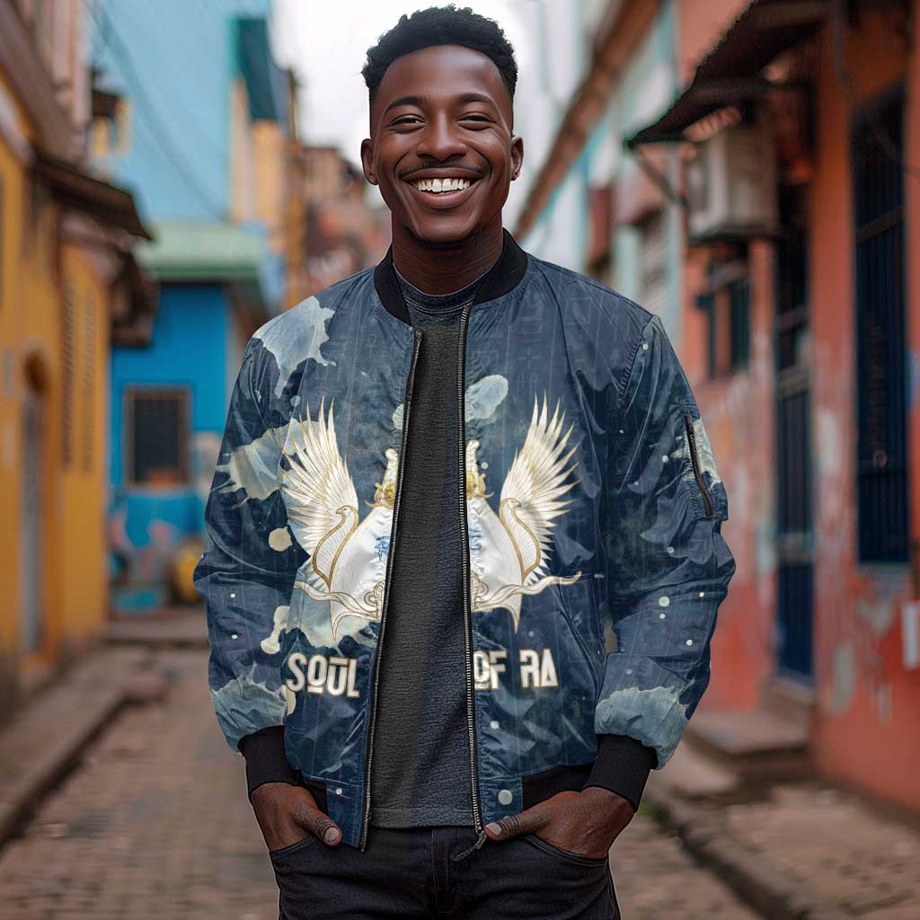 Bennu Ancient Egyptian Sleeve Zip Bomber Jacket with Deep Blue Ink Wash, Winged Bennu Bird and Soul of Ra - Wonder Print Shop