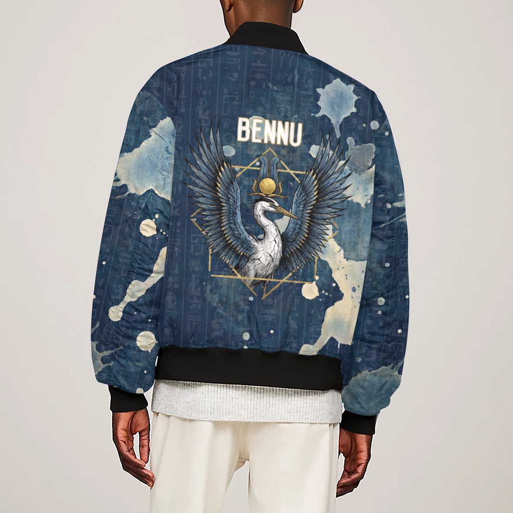 Bennu Ancient Egyptian Sleeve Zip Bomber Jacket with Deep Blue Ink Wash, Winged Bennu Bird and Soul of Ra - Wonder Print Shop