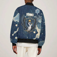 Bennu Ancient Egyptian Sleeve Zip Bomber Jacket with Deep Blue Ink Wash, Winged Bennu Bird and Soul of Ra - Wonder Print Shop