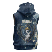 Bennu Ancient Egyptian Sleeveless Hoodie with Deep Blue Ink Wash, Winged Bennu Bird and Soul of Ra - Wonder Print Shop