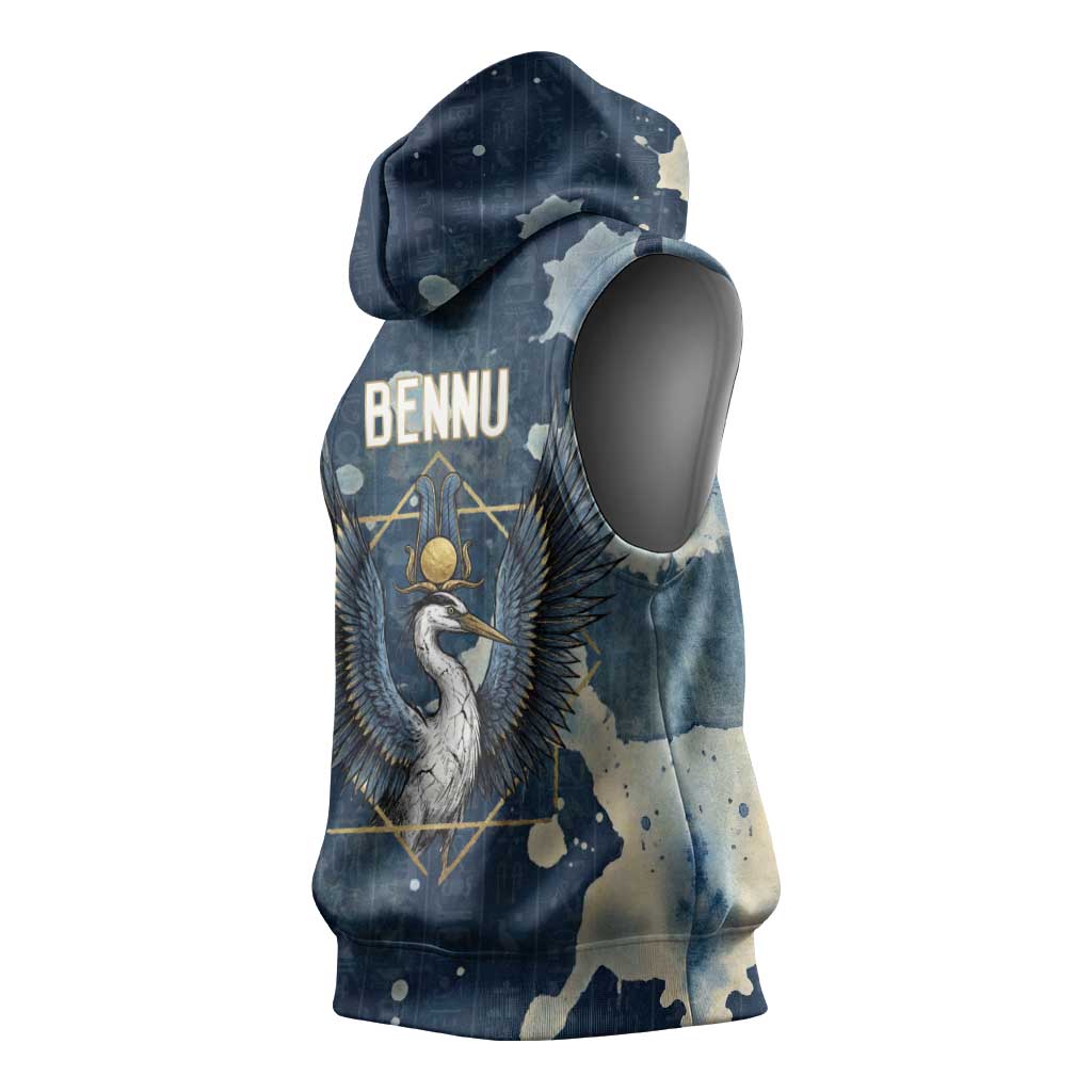 Bennu Ancient Egyptian Sleeveless Hoodie with Deep Blue Ink Wash, Winged Bennu Bird and Soul of Ra - Wonder Print Shop