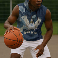 Bennu Ancient Egyptian Sleeveless Hoodie with Deep Blue Ink Wash, Winged Bennu Bird and Soul of Ra - Wonder Print Shop