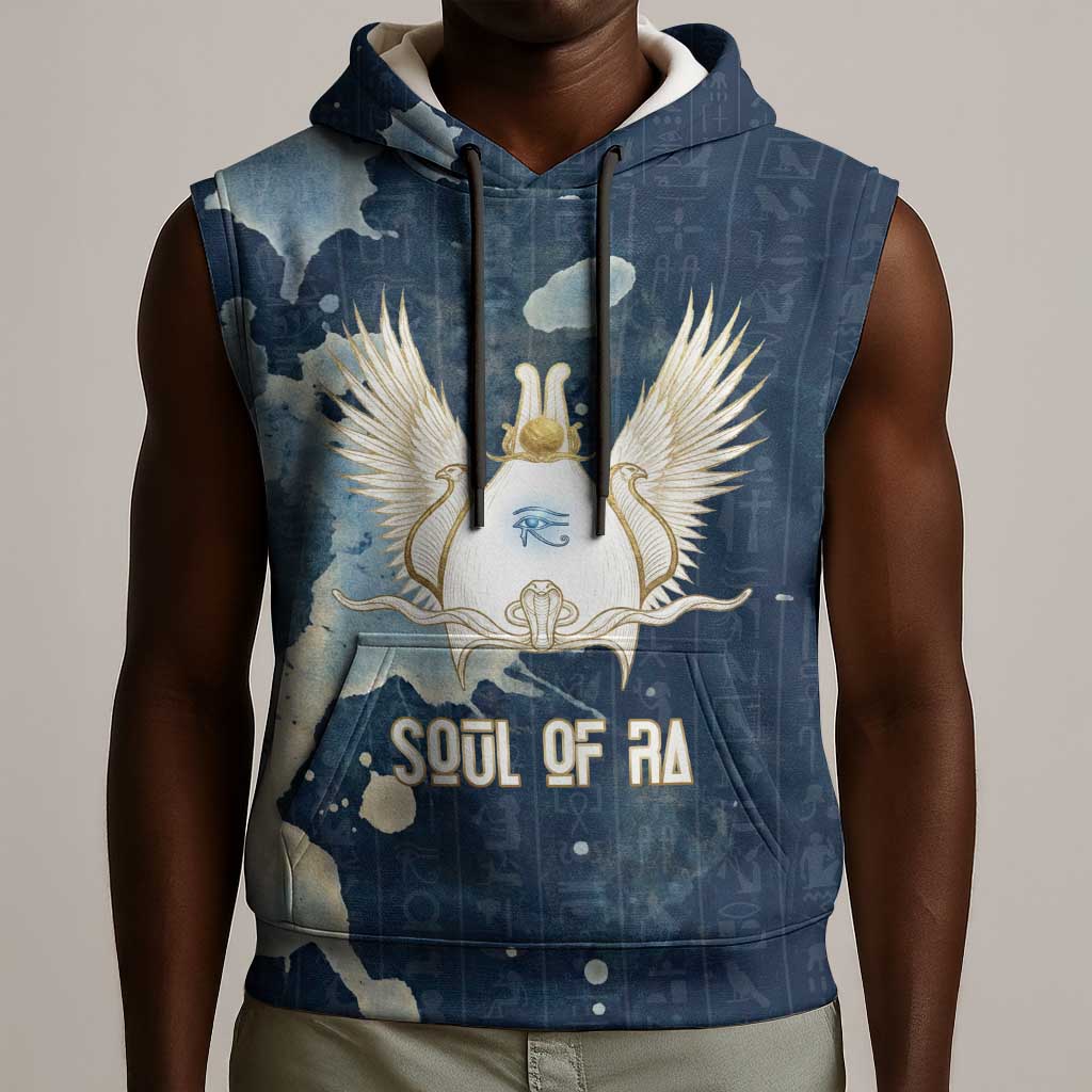 Bennu Ancient Egyptian Sleeveless Hoodie with Deep Blue Ink Wash, Winged Bennu Bird and Soul of Ra - Wonder Print Shop